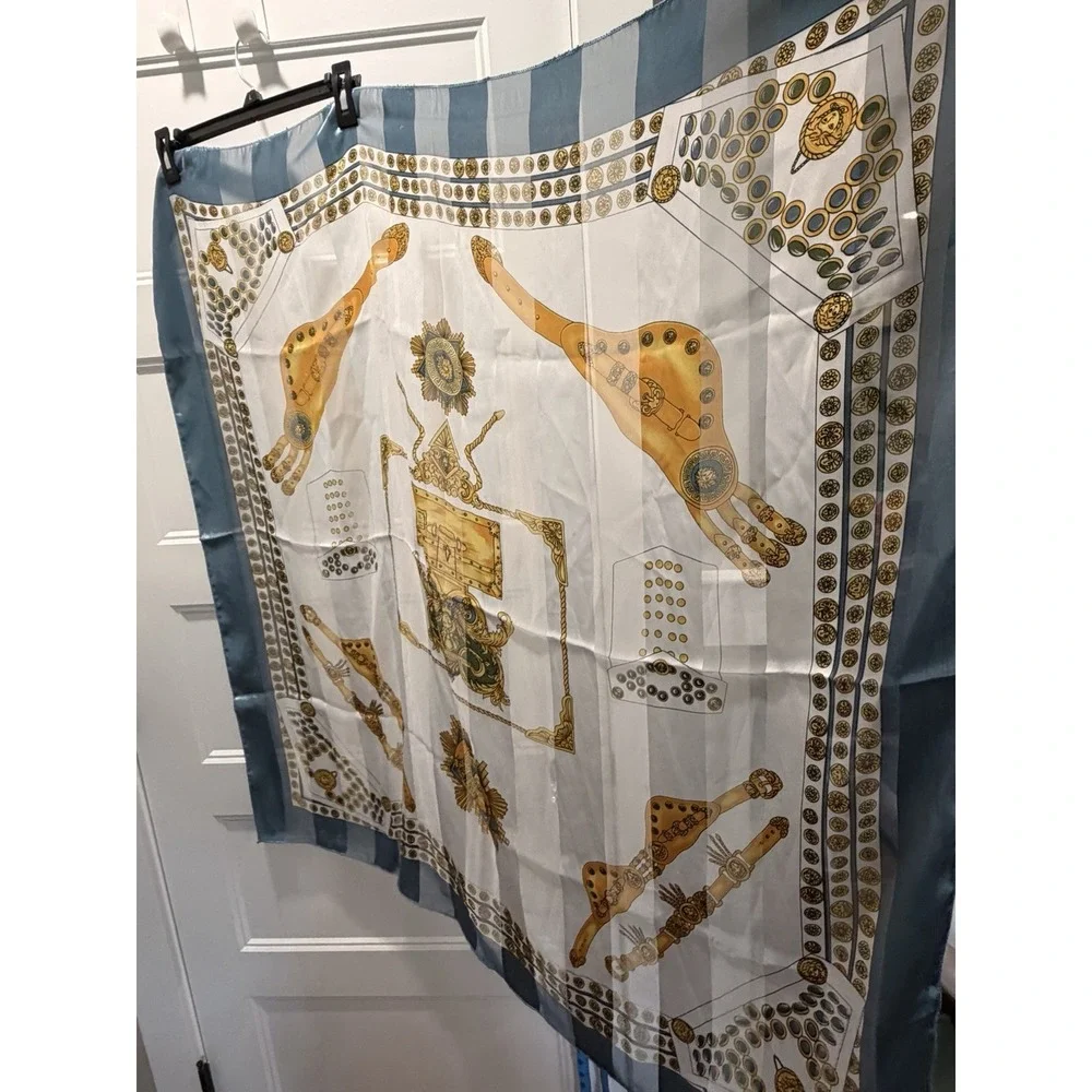 Vintage Baroque Medusa Gold Coin Print Scarf Blue White Esquatarian 40x40